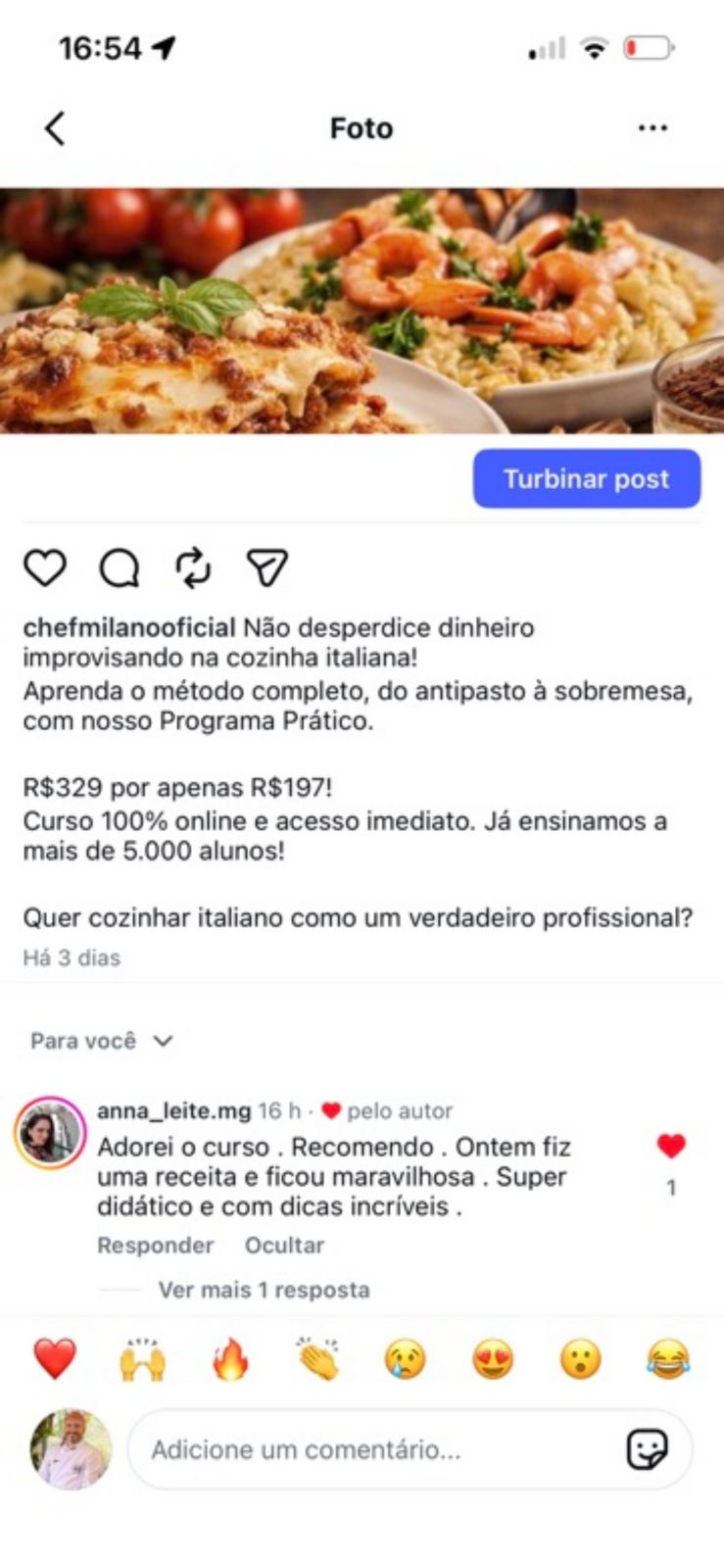 Depoimento de aluna Anna Leite no Instagram do Chef Milano