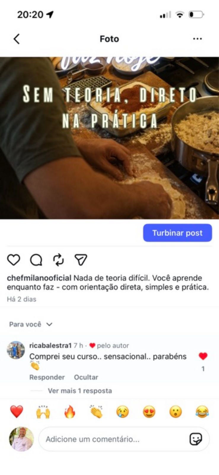 Depoimento de aluno Rica Balestra no Instagram do Chef Milano