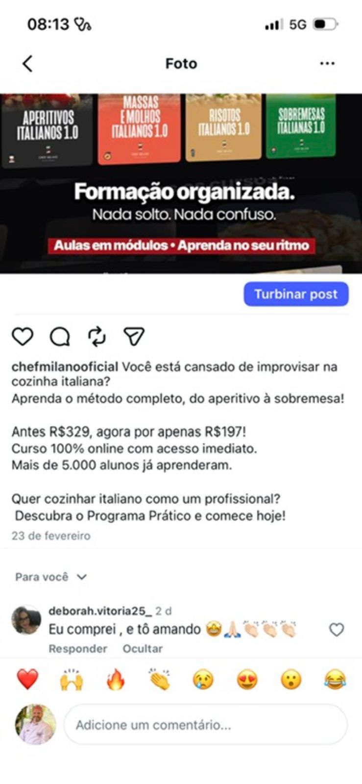 Depoimento de aluna Déborah Vitória no Instagram do Chef Milano